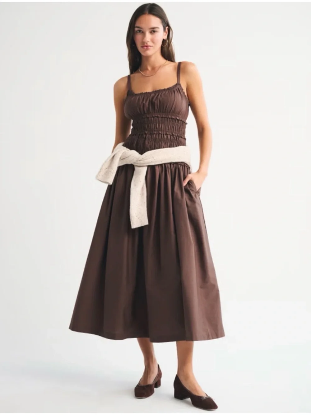 Abercrombie & Fitch Bra-Free Smocked Drop-Waist Maxi Dress in the color Chestnu